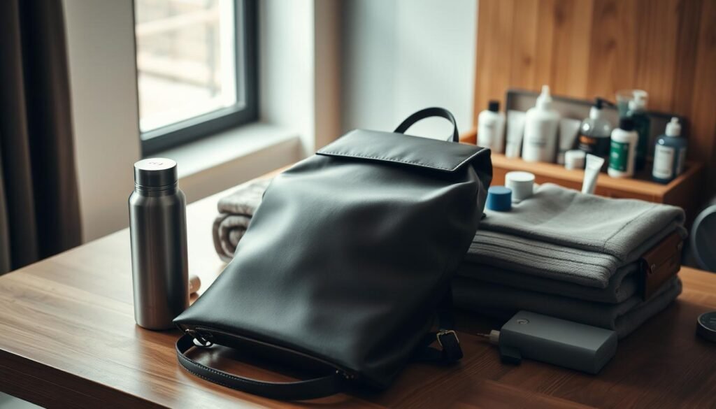 A meticulously crafted assortment of stylish travel accessories arranged on a minimalist wooden tabletop, bathed in soft, diffused natural light streaming through a nearby window. In the foreground, a sleek, high-quality leather backpack, its clean lines and supple texture exuding an air of effortless sophistication. Alongside it, a compact yet durable stainless steel water bottle, its matte finish complementing the backpack's hues. In the middle ground, a neatly folded, premium-quality merino wool travel blanket, its subtle patterns and neutral tones adding a touch of understated elegance. In the background, a meticulously organized array of travel-sized personal care items, their streamlined packaging hinting at the functionality and convenience they offer. The overall scene conveys a sense of refined, contemporary style perfectly suited for the discerning traveler.