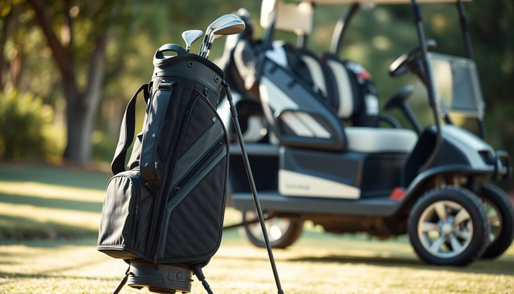 A meticulously crafted scene showcasing the compatibility between a stand bag and a cart bag. In the foreground, a sleek, modern stand bag stands upright, its straps and pockets neatly arranged. Behind it, a sturdy, well-designed cart bag rests on a golf cart, its various compartments and features clearly visible. The lighting is soft and natural, casting a warm glow on the scene. The angle is slightly elevated, providing a clear view of the harmonious relationship between the two bag types. The overall mood conveys a sense of organization, practicality, and the seamless integration of essential golf gear.