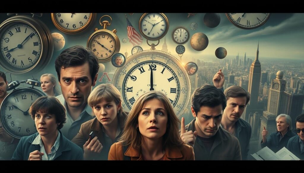 A meticulously detailed compilation of iconic scenes from classic time loop films, rendered in a cinematic, hyper-realistic style. In the foreground, a kaleidoscopic montage of characters trapped in temporal anomalies, their expressions frozen in a state of bewilderment. The middle ground features key narrative elements, such as clocks, calendars, and time-altering devices, all cast in dramatic chiaroscuro lighting. The background showcases a sprawling, dreamlike cityscape, where the laws of physics seem to bend and distort, creating a sense of disorientation and wonder. The overall atmosphere conveys the intricate complexities and mind-bending paradoxes inherent in the time loop narrative, inviting the viewer to ponder the nature of time and reality. A meticulously detailed compilation of iconic scenes from classic time loop films, rendered in a cinematic, hyper-realistic style. In the foreground, a kaleidoscopic montage of characters trapped in temporal anomalies, their expressions frozen in a state of bewilderment. The middle ground features key narrative elements, such as clocks, calendars, and time-altering devices, all cast in dramatic chiaroscuro lighting. The background showcases a sprawling, dreamlike cityscape, where the laws of physics seem to bend and distort, creating a sense of disorientation and wonder. The overall atmosphere conveys the intricate complexities and mind-bending paradoxes inherent in the time loop narrative, inviting the viewer to ponder the nature of time and reality.