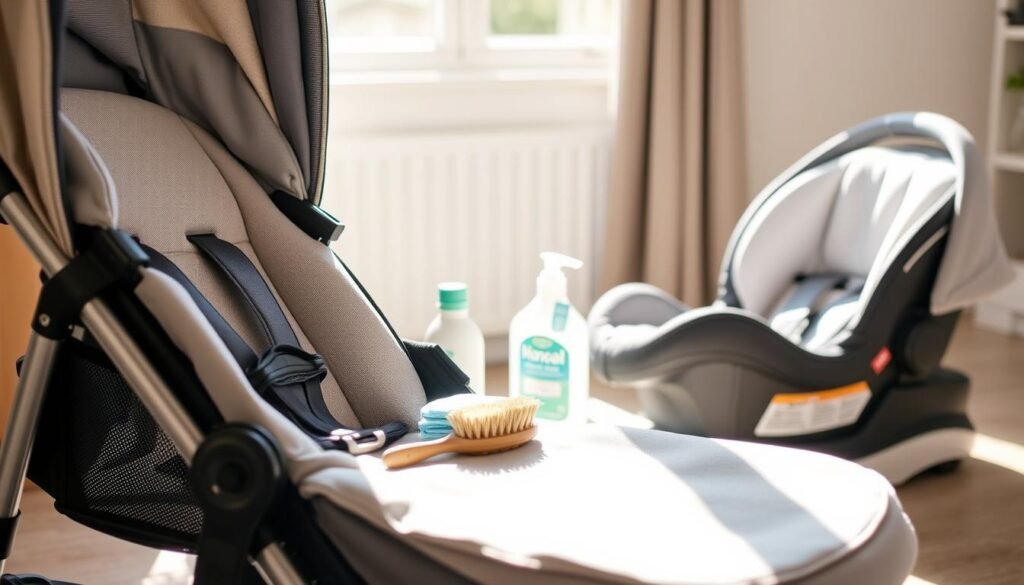 A meticulously detailed, well-lit guide to cleaning a stroller and car seat. In the foreground, a neatly arranged stroller and car seat, their fabrics freshly laundered and gleaming. Soft, natural lighting from a window illuminates the scene, casting gentle shadows. In the middle ground, cleaning supplies such as a soft-bristled brush, mild detergent, and microfiber cloths are strategically placed. The background features a neutral, calming interior space, allowing the stroller and car seat to be the focal point. The overall mood is one of thorough, thoughtful care and maintenance, ensuring the longevity of these essential childcare items. A meticulously detailed, well-lit guide to cleaning a stroller and car seat. In the foreground, a neatly arranged stroller and car seat, their fabrics freshly laundered and gleaming. Soft, natural lighting from a window illuminates the scene, casting gentle shadows. In the middle ground, cleaning supplies such as a soft-bristled brush, mild detergent, and microfiber cloths are strategically placed. The background features a neutral, calming interior space, allowing the stroller and car seat to be the focal point. The overall mood is one of thorough, thoughtful care and maintenance, ensuring the longevity of these essential childcare items.
