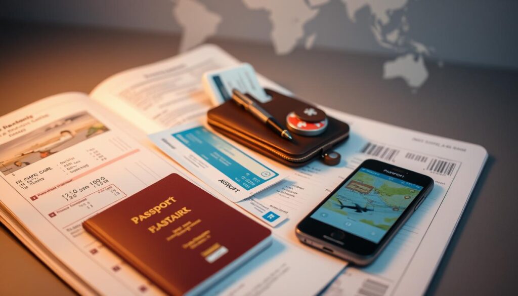 A meticulously organized travel itinerary, its pages neatly arranged against a muted backdrop. In the foreground, a passport, airline tickets, and a sleek smartphone displaying a navigation app - the essential tools for a safe and seamless journey. Soft, warm lighting illuminates the scene, creating a sense of preparation and confidence. In the middle ground, a compact leather organizer holds travel documents, a pen, and a small first-aid kit, symbolizing the importance of preparedness. The background features a world map, a subtle reminder of the destinations yet to be explored, all within the realm of a well-planned and secure travel experience.