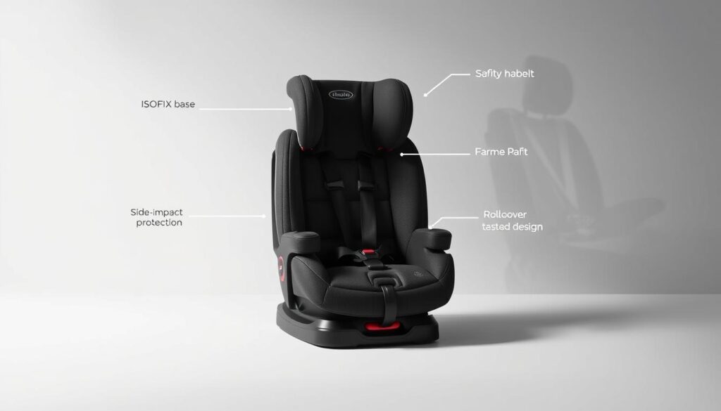 A minimalist, high-contrast image depicting various travel-specific car seat safety features against a clean, muted background. In the foreground, a car seat with a sturdy ISOFIX base, adjustable headrest, and side-impact protection. In the middle ground, a closeup of a 5-point harness system and belt-positioning clip. In the background, blurred images of a car seatbelt, reinforced frame, and rollover-tested design. Crisp, studio-like lighting accentuates the textures and contours of the safety components. The overall mood is one of sleek, modern practicality, highlighting the thoughtful engineering behind travel car seat design. A minimalist, high-contrast image depicting various travel-specific car seat safety features against a clean, muted background. In the foreground, a car seat with a sturdy ISOFIX base, adjustable headrest, and side-impact protection. In the middle ground, a closeup of a 5-point harness system and belt-positioning clip. In the background, blurred images of a car seatbelt, reinforced frame, and rollover-tested design. Crisp, studio-like lighting accentuates the textures and contours of the safety components. The overall mood is one of sleek, modern practicality, highlighting the thoughtful engineering behind travel car seat design.