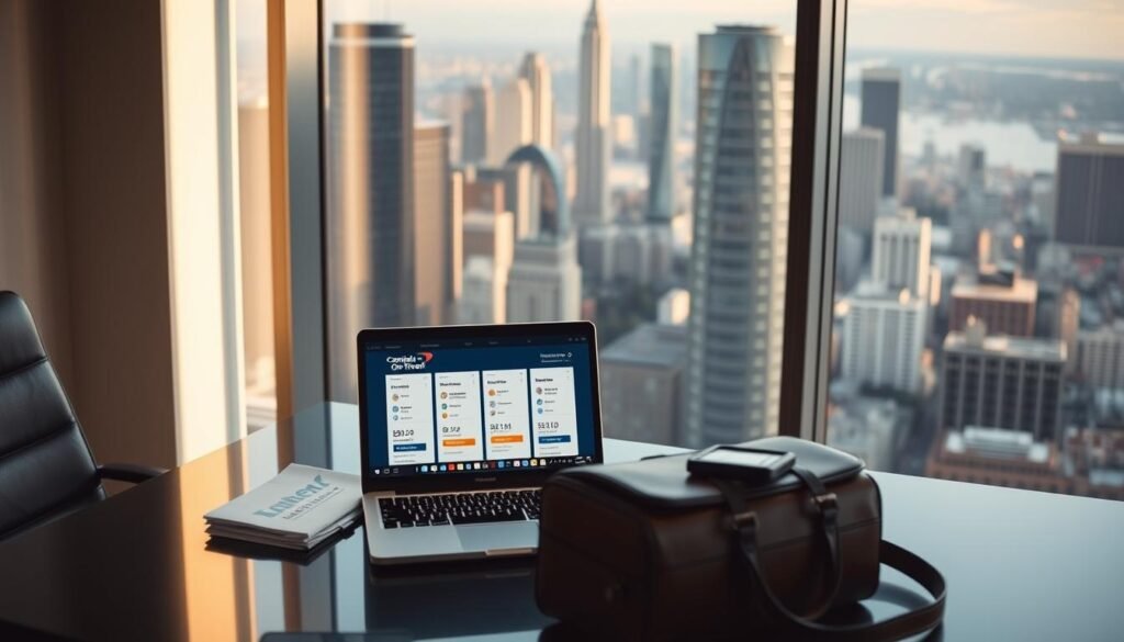 A modern, minimalist office space with a large window overlooking a bustling city skyline. On the desk, a sleek laptop displays the Capital One Travel interface, with intuitive icons and a clean, user-friendly design. Nearby, a stack of travel-related documents and a stylish leather briefcase suggest the busy life of a frequent business traveler. The lighting is soft and warm, creating a welcoming, productive atmosphere. The overall scene conveys the idea of using Capital One Travel to plan and manage seamless, efficient business trips.