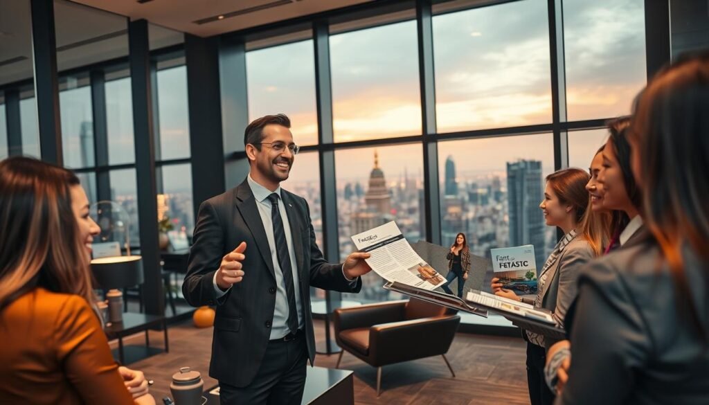 A modern, sleek travel agency office interior, with floor-to-ceiling windows overlooking a bustling city skyline. In the foreground, a well-dressed travel agent enthusiastically explains the benefits of the "Fam-Tastic" program to a group of attentive clients. Warm, directional lighting illuminates the agent's friendly expression and the informative brochures they are holding. The middle ground features elegant furnishings and decor that convey a sense of professionalism and exclusivity. In the background, the city outside the windows is alive with activity, hinting at the wider world of travel opportunities available through the agency. The overall scene evokes a sense of excitement, expertise, and the exclusive privileges of the "Fam-Tastic" program.