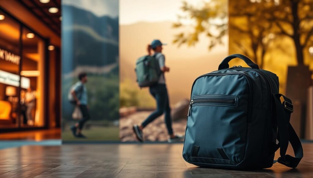 A modern, versatile travel bag sits in the foreground, its sleek design and compact form hinting at its adaptability. In the middle ground, the bag is depicted in use across various travel scenarios - from a bustling city street to a serene nature trail, showcasing its practicality and versatility. The background features atmospheric lighting, blending warm tones for an indoor setting and cool, natural lighting for outdoor scenes. The overall mood is one of adventure, efficiency, and the effortless transition between different travel environments. The composition emphasizes the bag's centrality and its ability to seamlessly integrate into diverse travel experiences.
