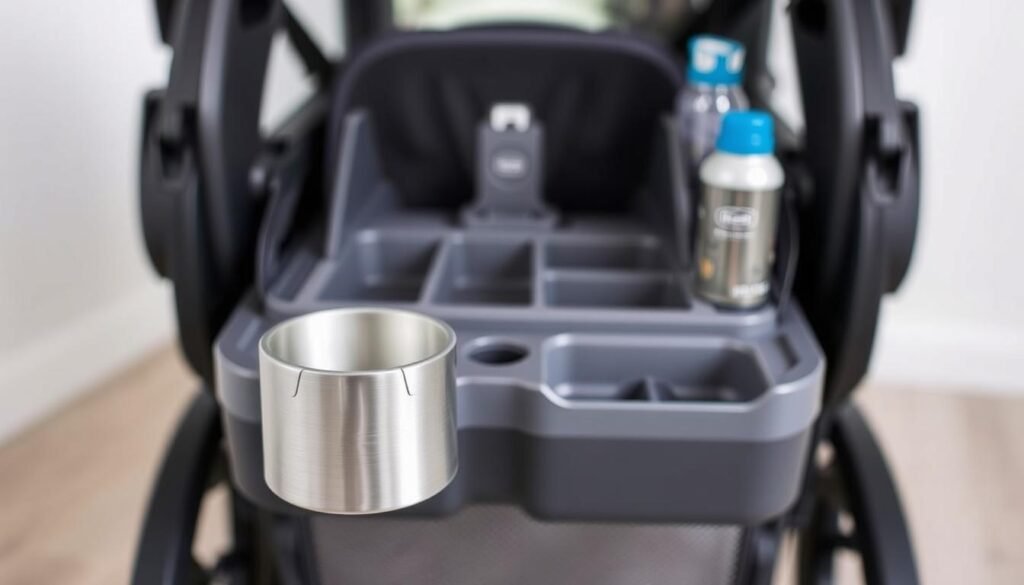 A modern, well-designed cup holder storage system, perfectly integrated into the Chicco Bravo Trio Travel System. In the foreground, a sleek, brushed metal cup holder with a subtle, minimalist aesthetic, capable of securely holding bottles and cups of various sizes. In the middle ground, a spacious, multi-compartment storage unit, crafted from durable, high-quality materials, offering ample space for all the essentials parents need on the go. The background features a clean, contemporary backdrop, with a soft, diffused lighting that enhances the overall sophisticated and functional appearance of the system. The entire setup conveys a sense of effortless organization and convenience, perfectly complementing the Chicco Bravo Trio's modern, practical design. A modern, well-designed cup holder storage system, perfectly integrated into the Chicco Bravo Trio Travel System. In the foreground, a sleek, brushed metal cup holder with a subtle, minimalist aesthetic, capable of securely holding bottles and cups of various sizes. In the middle ground, a spacious, multi-compartment storage unit, crafted from durable, high-quality materials, offering ample space for all the essentials parents need on the go. The background features a clean, contemporary backdrop, with a soft, diffused lighting that enhances the overall sophisticated and functional appearance of the system. The entire setup conveys a sense of effortless organization and convenience, perfectly complementing the Chicco Bravo Trio's modern, practical design.