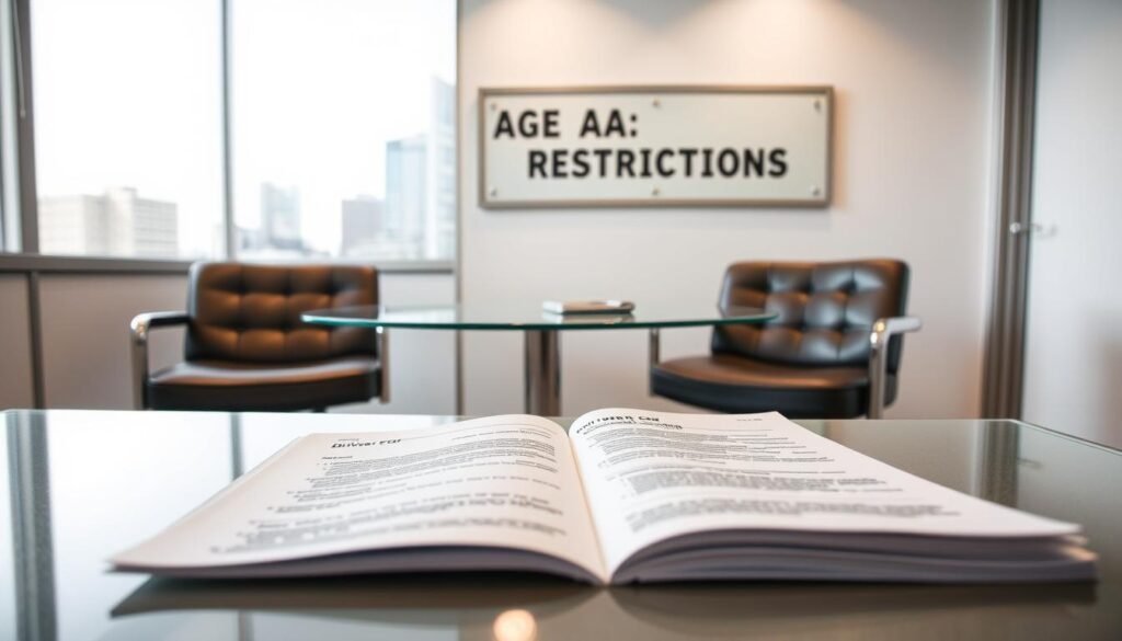 A modern, well-lit office setting with a clear glass desk, two comfortable leather chairs, and a prominent "Age Restrictions" sign on the wall. In the foreground, a rental car agreement lies open, showcasing the "Driver Fees" section. Crisp, clean lighting casts a professional atmosphere, with subtle hints of a downtown cityscape visible through the window in the background. The scene conveys a sense of careful consideration and transparency around the important details that travellers need to navigate when renting a car.