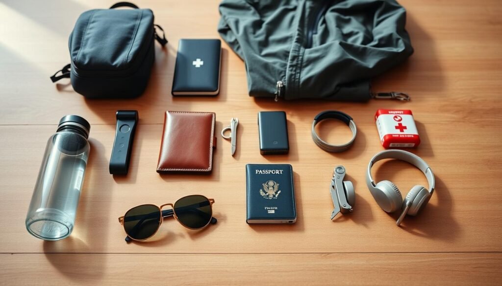 A neatly arranged collection of essential travel items laid out on a minimalist wooden surface, illuminated by soft, natural lighting. In the foreground, a compact backpack, water bottle, sunglasses, and a well-worn leather wallet. In the middle ground, a sleek passport holder, a compact power bank, and a set of noise-cancelling headphones. In the background, a folded rain jacket, a small first-aid kit, and a versatile multi-tool. The overall composition conveys a sense of organization, functionality, and preparedness for the discerning traveler. A neatly arranged collection of essential travel items laid out on a minimalist wooden surface, illuminated by soft, natural lighting. In the foreground, a compact backpack, water bottle, sunglasses, and a well-worn leather wallet. In the middle ground, a sleek passport holder, a compact power bank, and a set of noise-cancelling headphones. In the background, a folded rain jacket, a small first-aid kit, and a versatile multi-tool. The overall composition conveys a sense of organization, functionality, and preparedness for the discerning traveler.