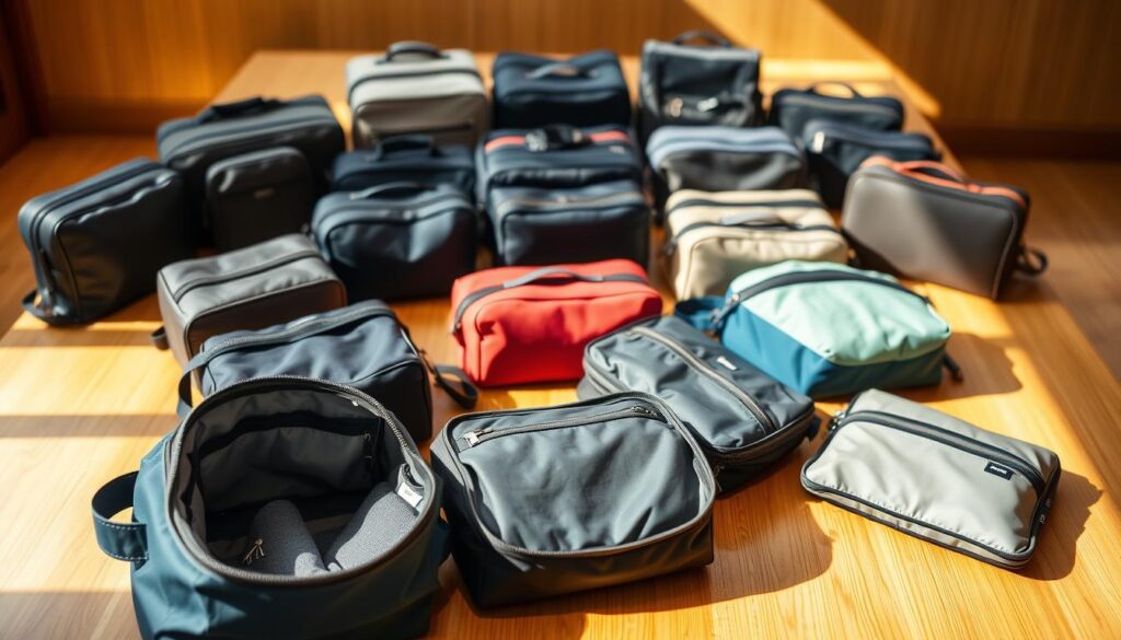 A neatly arranged display of various tested toiletry bags on a wooden surface, bathed in warm, natural lighting. The bags are meticulously positioned, showcasing their different sizes, colors, and features. In the foreground, a few open bags reveal their well-organized interiors, allowing the viewer to imagine the convenience of packing and unpacking for travel. The middle ground features a diverse array of bags, each with distinct designs and functionalities, inviting the viewer to envision their perfect match. The background is slightly blurred, creating a sense of focus on the carefully curated collection of travel essentials.