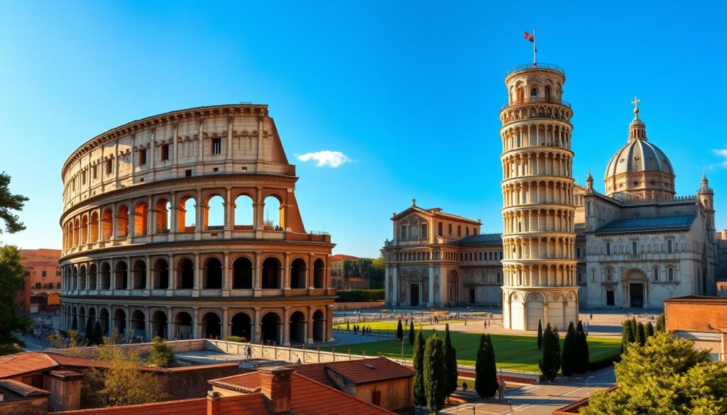 A picturesque panorama of iconic Italian landmarks, bathed in the warm, golden glow of the Mediterranean sun. In the foreground, the magnificent Colosseum stands tall, its majestic arches and intricate stone carvings casting dramatic shadows. In the middle ground, the iconic Leaning Tower of Pisa leans gracefully, surrounded by the historic Piazza dei Miracoli. In the background, the awe-inspiring Duomo di Milano rises, its Gothic spires reaching towards the cloudless azure sky. The scene is infused with a sense of timeless elegance and the rich cultural heritage of Italy, inviting the viewer to experience the country's storied past and vibrant present.