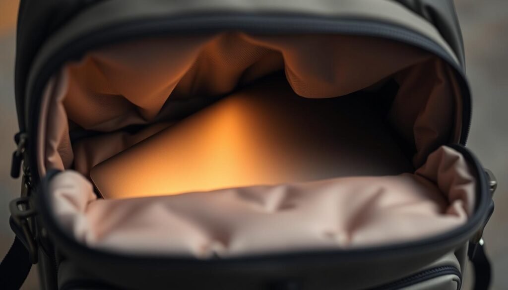 A plush, well-padded laptop compartment nestled within a stylish, backpack-style travel bag. The compartment's interior is crafted from soft, yet durable materials, providing ample cushioning to protect a laptop or tablet from impact and vibration during transit. The compartment's exterior blends seamlessly with the bag's overall aesthetic, featuring a sleek, minimalist design with subtle accent details. Gentle, diffused lighting illuminates the compartment, conveying a sense of security and organization for the traveler's most essential tech gear. The camera angle captures the compartment from a slightly elevated perspective, highlighting its thoughtful construction and integration within the backpack's overall design. A plush, well-padded laptop compartment nestled within a stylish, backpack-style travel bag. The compartment's interior is crafted from soft, yet durable materials, providing ample cushioning to protect a laptop or tablet from impact and vibration during transit. The compartment's exterior blends seamlessly with the bag's overall aesthetic, featuring a sleek, minimalist design with subtle accent details. Gentle, diffused lighting illuminates the compartment, conveying a sense of security and organization for the traveler's most essential tech gear. The camera angle captures the compartment from a slightly elevated perspective, highlighting its thoughtful construction and integration within the backpack's overall design.
