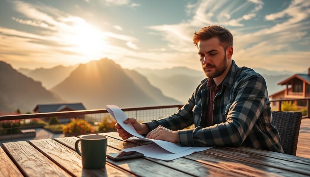 A pristine vacation resort set against a picturesque mountain landscape, with a traveler sitting at a wooden table poring over travel insurance documents. The scene is bathed in warm, golden sunlight filtering through wispy clouds. A smartphone and a cup of coffee sit on the table, symbolizing the need for diligent planning and attention to detail when it comes to trip cancellation coverage. The traveler's expression conveys a thoughtful, contemplative mood as they navigate the complexities of their travel insurance policy. The overall atmosphere evokes a sense of tranquility and the importance of being prepared for unexpected events during a journey. A pristine vacation resort set against a picturesque mountain landscape, with a traveler sitting at a wooden table poring over travel insurance documents. The scene is bathed in warm, golden sunlight filtering through wispy clouds. A smartphone and a cup of coffee sit on the table, symbolizing the need for diligent planning and attention to detail when it comes to trip cancellation coverage. The traveler's expression conveys a thoughtful, contemplative mood as they navigate the complexities of their travel insurance policy. The overall atmosphere evokes a sense of tranquility and the importance of being prepared for unexpected events during a journey.