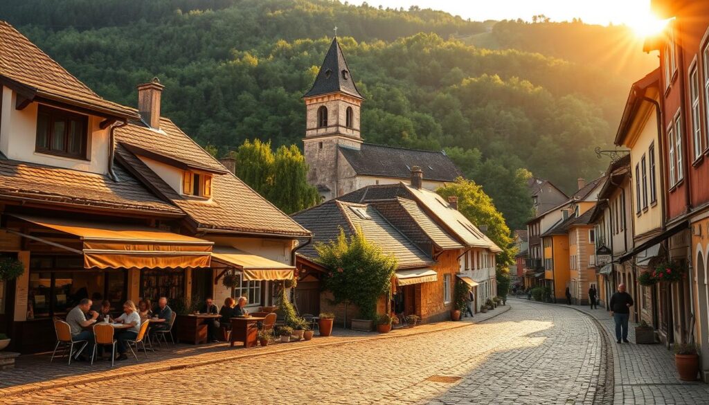 A quaint village nestled in the rolling hills of Eastern Europe, its cobblestone streets lined with charming, centuries-old buildings. In the foreground, a small, family-owned cafe bustles with locals sipping steaming cups of strong coffee and savoring traditional pastries. Farther back, a medieval church tower rises against a backdrop of lush, verdant forests, casting long shadows in the soft, golden light of the setting sun. The scene exudes a sense of timeless tranquility, inviting the viewer to step into a world where the pace of life is slower, and the simple pleasures of community and tradition still hold sway. A quaint village nestled in the rolling hills of Eastern Europe, its cobblestone streets lined with charming, centuries-old buildings. In the foreground, a small, family-owned cafe bustles with locals sipping steaming cups of strong coffee and savoring traditional pastries. Farther back, a medieval church tower rises against a backdrop of lush, verdant forests, casting long shadows in the soft, golden light of the setting sun. The scene exudes a sense of timeless tranquility, inviting the viewer to step into a world where the pace of life is slower, and the simple pleasures of community and tradition still hold sway.