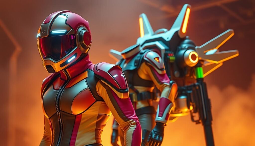 A retro-futuristic character costume set with vibrant neon hues, metallic accents, and sleek, angular silhouettes. In the foreground, a high-tech helmet with a transparent visor and LED lights, complemented by a form-fitting bodysuit with zip-up panels and shoulder pads. In the middle ground, a versatile utility belt with various gadgets and tools, and a holstered blaster pistol. In the background, a sleek, jetpack-style backpack with articulated wings and glowing thrusters. The scene is bathed in a warm, diffused lighting, creating a sense of depth and drama, evoking the style of classic sci-fi films and TV shows.