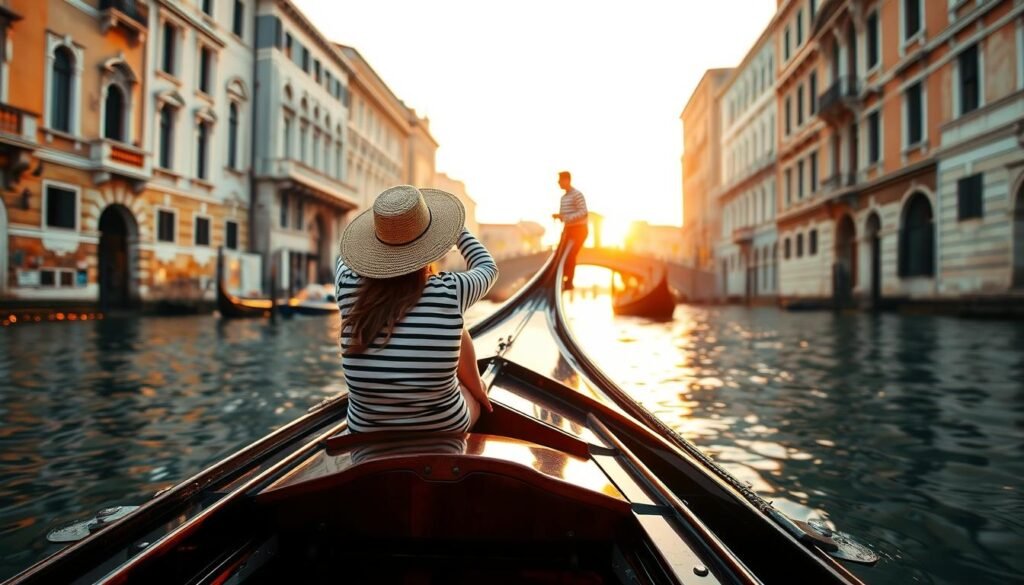 A romantic gondola glides along the serene canals of Venice, Italy, its polished wooden hull reflecting the warm, golden light of the setting sun. The gondolier, dressed in a striped shirt and straw hat, expertly navigates the boat through the narrow waterways, passing by centuries-old palaces and bridges. In the foreground, the passenger, a couple perhaps, enjoys the tranquil journey, gazing at the picturesque scene unfolding around them. The background is a soft, hazy blur of the iconic Venetian architecture, creating a sense of timelessness and enchantment.