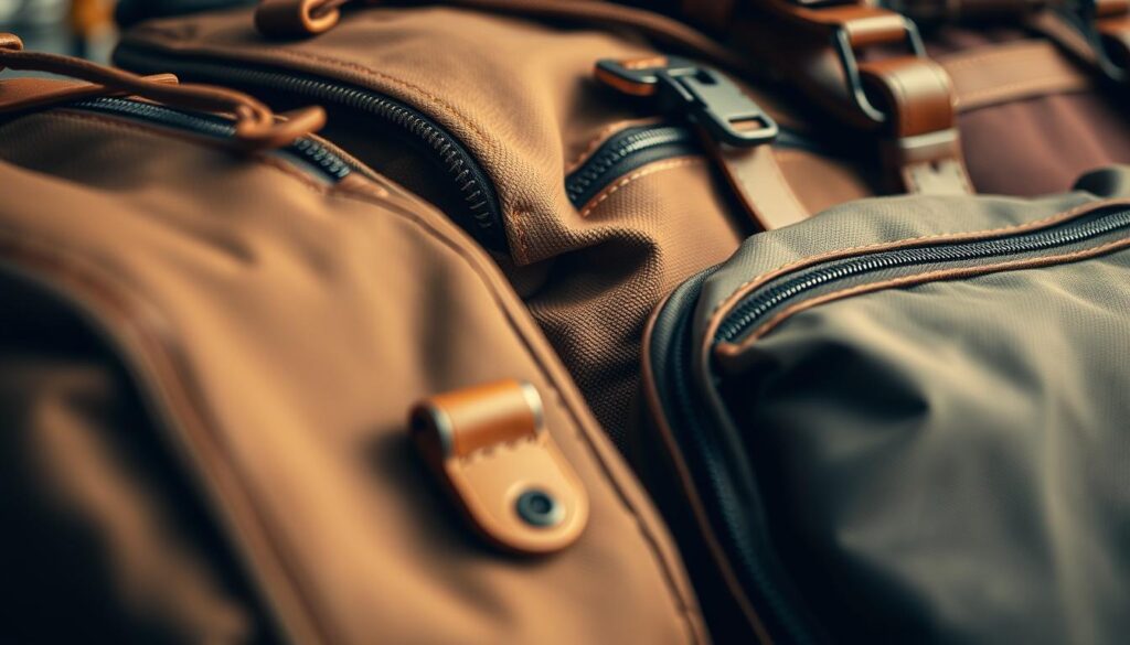 A rugged collection of travel essentials, meticulously crafted from durable materials. In the foreground, a close-up view showcases the textured surfaces of leather, canvas, and nylon - materials engineered to withstand the rigors of journeys. The middle ground reveals the seamless integration of zippers, buckles, and reinforced stitching, hinting at the bag's resilience. In the background, a soft, warm lighting casts a natural glow, highlighting the premium quality and thoughtful design. This is a study in the marriage of form and function, a testament to the enduring nature of well-made travel gear.