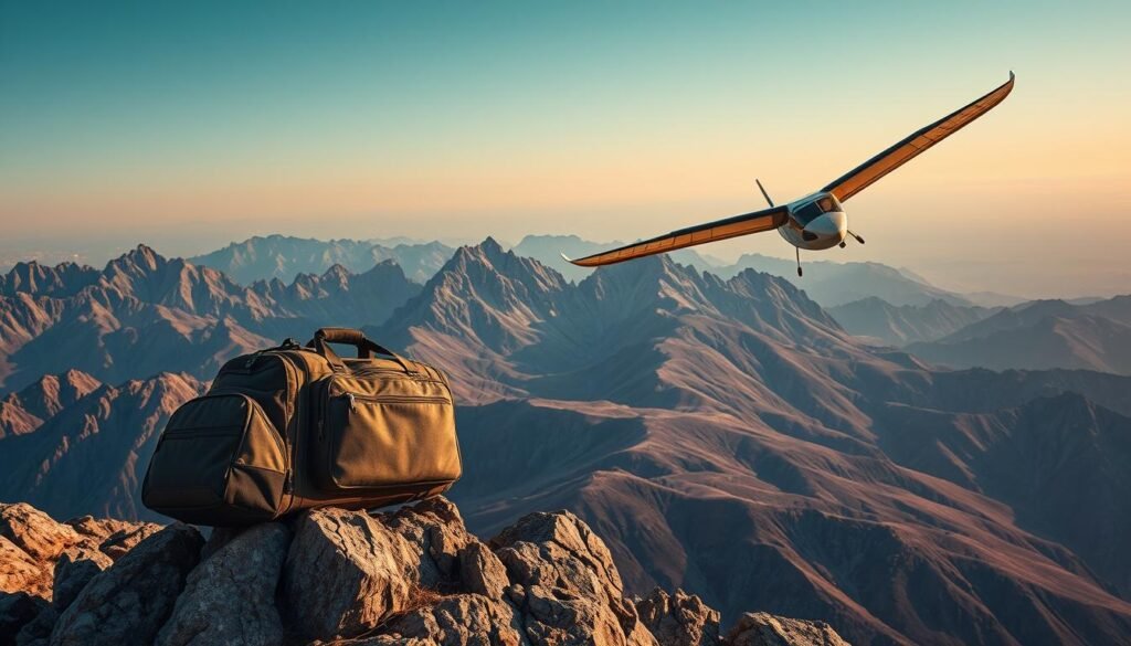 A rugged mountain clubglider soaring above a landscape of durable materials. In the foreground, a sleek meridian-style golf travel bag sits atop a rocky outcrop, its weathered exterior hinting at the adventures it has endured. The midground reveals a majestic range of jagged peaks, their slopes covered in a patchwork of resilient fabrics and sturdy leathers. Warm, directional lighting casts dramatic shadows, emphasizing the bag's tough, utilitarian design. In the distance, the clubglider glides effortlessly, its wings outstretched against a vast, azure sky - a symbol of the bag's ability to withstand the rigors of arduous journeys.