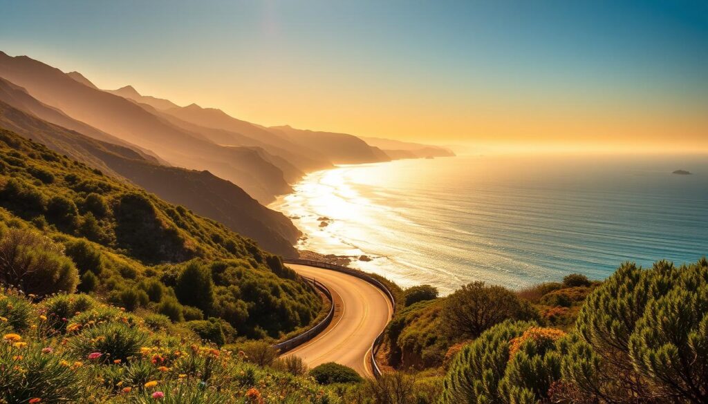 A scenic coastal drive along the iconic Pacific Coast Highway, with the sun-drenched cliffs of the California coastline stretching out before you. In the foreground, a winding road winds through lush, verdant foliage, dotted with colorful wildflowers. In the middle ground, the shimmering Pacific Ocean comes into view, its deep blue waters reflecting the warm, golden light of the setting sun. In the distance, rugged, mountainous peaks rise up, their jagged silhouettes cutting a dramatic figure against the vibrant sky. The scene is bathed in a warm, hazy glow, creating a sense of tranquility and adventure, inviting the viewer to embark on a captivating road trip through this breathtaking natural wonder.