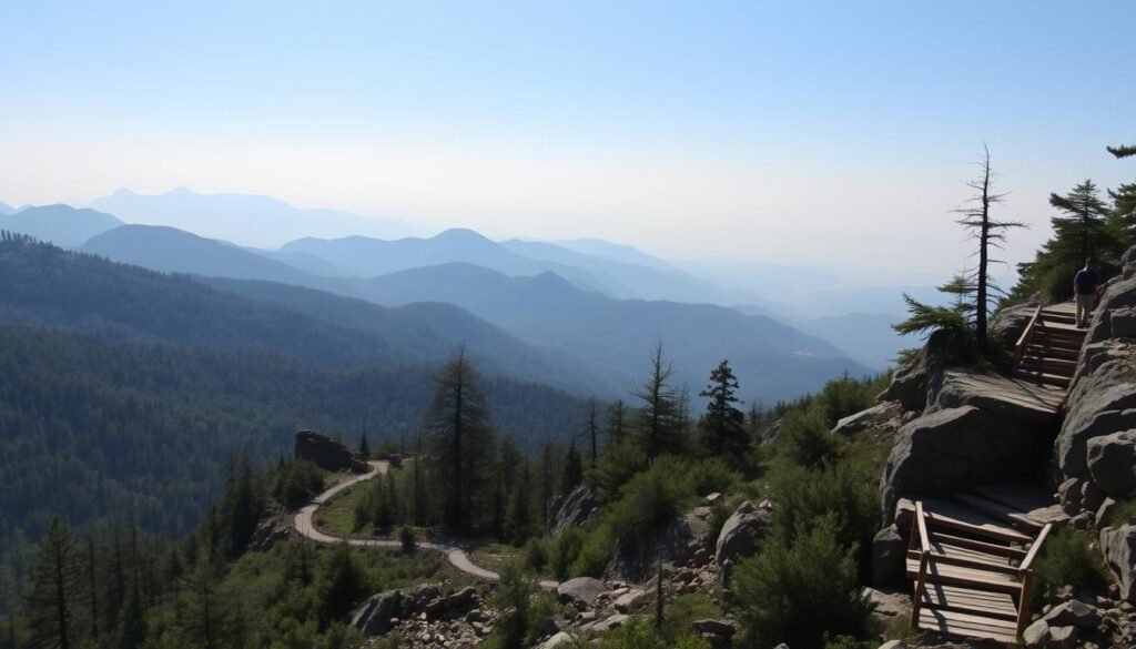 A scenic hiking trail winding through the majestic Blue Ridge Mountains, with lush evergreen forests and rugged rock formations lining the path. Soft sunlight filters through the canopy, casting a warm glow on the trail and the hikers making their way along it. In the distance, the silhouettes of rolling peaks stretch out against a hazy blue sky. The trail is well-maintained, with wooden bridges and steps leading over streams and rocky sections, inviting visitors to immerse themselves in the natural beauty of this iconic mountain range.