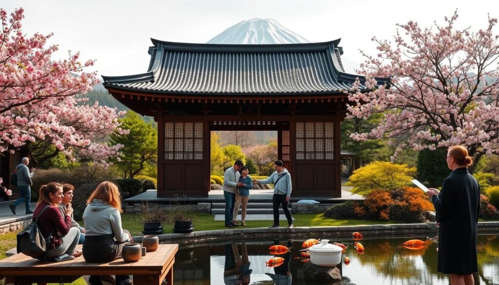 A serene Japanese garden with a traditional wooden pavilion, surrounded by vibrant cherry blossoms and a tranquil koi pond. Soft, natural lighting filters through the scene, creating a warm, inviting atmosphere. In the foreground, a group of travelers engage in a private tea ceremony, immersed in the cultural experience. In the middle ground, a guide leads a small tour group through the meticulously maintained grounds, pointing out the unique architectural features and historical significance. In the background, a majestic Mount Fuji rises, its snow-capped peak reflected in the still waters of the pond. The overall impression is one of cultural authenticity, natural beauty, and immersive exploration. A serene Japanese garden with a traditional wooden pavilion, surrounded by vibrant cherry blossoms and a tranquil koi pond. Soft, natural lighting filters through the scene, creating a warm, inviting atmosphere. In the foreground, a group of travelers engage in a private tea ceremony, immersed in the cultural experience. In the middle ground, a guide leads a small tour group through the meticulously maintained grounds, pointing out the unique architectural features and historical significance. In the background, a majestic Mount Fuji rises, its snow-capped peak reflected in the still waters of the pond. The overall impression is one of cultural authenticity, natural beauty, and immersive exploration.