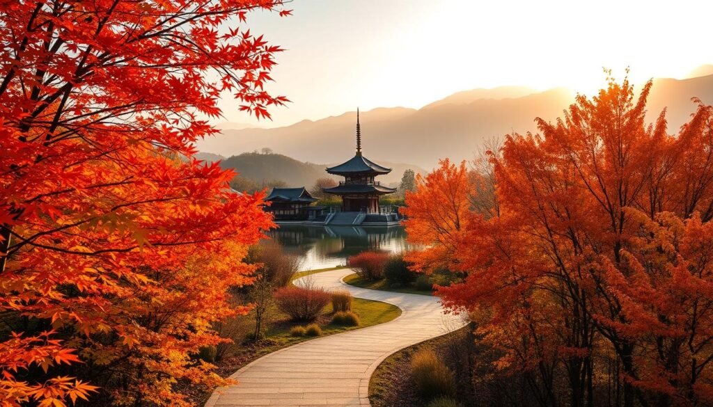 A serene autumn landscape in Japan, capturing the essence of seasonal travel. In the foreground, a winding path leads through a vibrant maple forest, the leaves ablaze with hues of red, orange, and gold. In the middle ground, a traditional Japanese temple stands majestically, its pagoda-style roof and intricate architecture reflecting in the still waters of a nearby pond. The background is framed by rolling hills and snow-capped peaks, bathed in the warm glow of a setting sun. Soft, diffused lighting creates a dreamy, atmospheric mood, inviting the viewer to explore this tranquil and picturesque scene. A serene autumn landscape in Japan, capturing the essence of seasonal travel. In the foreground, a winding path leads through a vibrant maple forest, the leaves ablaze with hues of red, orange, and gold. In the middle ground, a traditional Japanese temple stands majestically, its pagoda-style roof and intricate architecture reflecting in the still waters of a nearby pond. The background is framed by rolling hills and snow-capped peaks, bathed in the warm glow of a setting sun. Soft, diffused lighting creates a dreamy, atmospheric mood, inviting the viewer to explore this tranquil and picturesque scene.