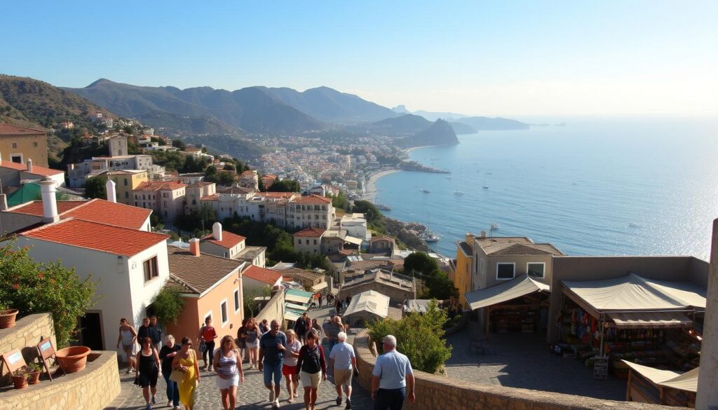 A serene landscape with a picturesque seaside town nestled between rolling hills. In the foreground, a group of travelers explore a quaint cobblestone street, immersed in the local culture and architecture. In the middle ground, a bustling marketplace showcases an array of artisanal crafts and regional delicacies. In the background, a magnificent coastal vista unfolds, with azure waters lapping against the shoreline and a fleet of traditional fishing boats dotting the horizon. The scene is bathed in warm, golden sunlight, capturing the essence of a comprehensive tour package that offers a perfect blend of natural beauty, cultural immersion, and unique experiences. A serene landscape with a picturesque seaside town nestled between rolling hills. In the foreground, a group of travelers explore a quaint cobblestone street, immersed in the local culture and architecture. In the middle ground, a bustling marketplace showcases an array of artisanal crafts and regional delicacies. In the background, a magnificent coastal vista unfolds, with azure waters lapping against the shoreline and a fleet of traditional fishing boats dotting the horizon. The scene is bathed in warm, golden sunlight, capturing the essence of a comprehensive tour package that offers a perfect blend of natural beauty, cultural immersion, and unique experiences.