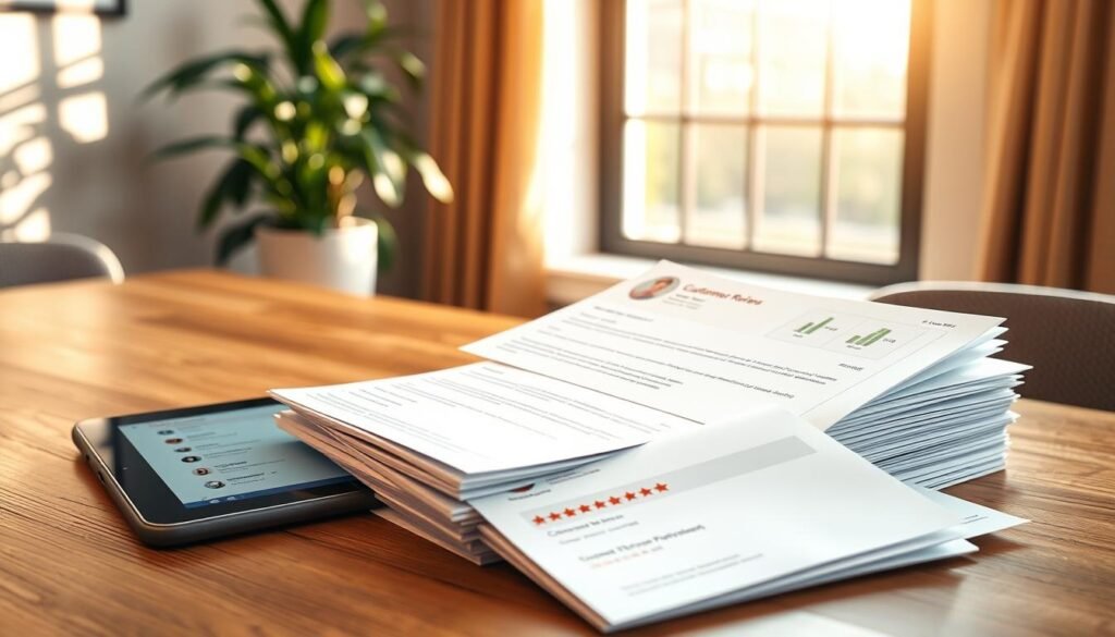 A serene office setting with a wooden desk and a potted plant, illuminated by warm, natural lighting from a large window. On the desk, a stack of neatly organized customer reviews printed on high-quality paper, radiating a sense of authenticity and credibility. The reviews are accompanied by a tablet displaying customer profiles and ratings, creating an air of transparency and trust. The overall scene conveys a professional, yet inviting atmosphere, where customer feedback is valued and leveraged to build confidence in the brand. A serene office setting with a wooden desk and a potted plant, illuminated by warm, natural lighting from a large window. On the desk, a stack of neatly organized customer reviews printed on high-quality paper, radiating a sense of authenticity and credibility. The reviews are accompanied by a tablet displaying customer profiles and ratings, creating an air of transparency and trust. The overall scene conveys a professional, yet inviting atmosphere, where customer feedback is valued and leveraged to build confidence in the brand.