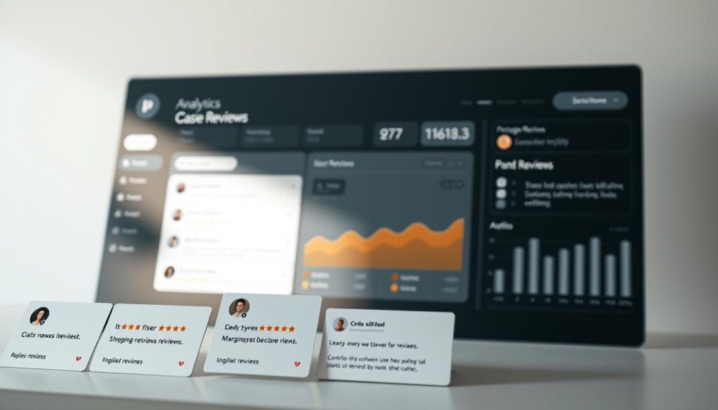 A sleek and modern customer reviews dashboard, showcasing a minimalist user interface with a clean layout. In the foreground, a series of user review cards are neatly arranged, displaying star ratings, comment snippets, and profile photos. The middle ground features a prominent analytics section, presenting key metrics and visualizations in a clear, data-driven manner. The background features a subtle gradient or texture, creating a sense of depth and sophistication. The lighting is soft and diffused, creating a warm and inviting atmosphere, while the camera angle is slightly elevated, providing an optimal overview of the dashboard's functionality and design.