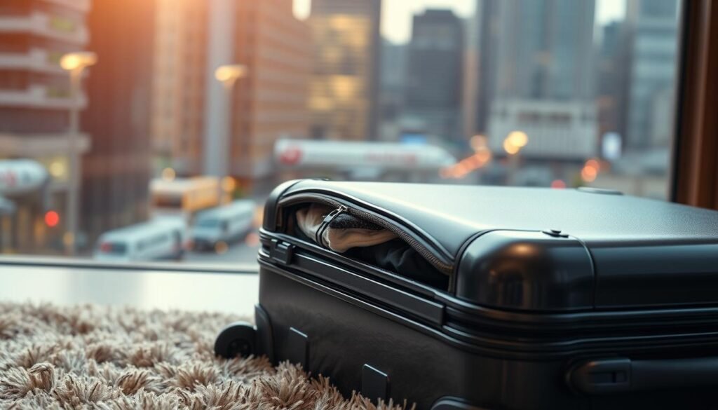 A sleek and modern suitcase, its glossy black exterior gleaming under a soft, warm light. The suitcase sits atop a plush, textured rug, its zipper partially open to reveal a neatly packed interior. In the background, a blurred cityscape of skyscrapers and bustling streets, hinting at the journey and adventures this luggage might soon embark on. The scene evokes a sense of security and protection, reflecting the concept of "baggage insurance" - the peace of mind that comes with knowing your belongings are safeguarded during travel. A sleek and modern suitcase, its glossy black exterior gleaming under a soft, warm light. The suitcase sits atop a plush, textured rug, its zipper partially open to reveal a neatly packed interior. In the background, a blurred cityscape of skyscrapers and bustling streets, hinting at the journey and adventures this luggage might soon embark on. The scene evokes a sense of security and protection, reflecting the concept of "baggage insurance" - the peace of mind that comes with knowing your belongings are safeguarded during travel.