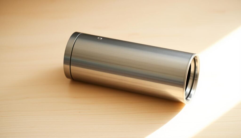 A sleek, brushed stainless steel vacuum-insulated coffee mug rests on a minimalist, light-colored wooden surface. The mug has a slim, tapered design with a secure, twist-off lid, ensuring no spills during travel. Soft, diffused light from an overhead source gently illuminates the mug, highlighting its clean, modern aesthetic. The reflection of the mug on the wooden surface creates a sense of depth and symmetry. The overall scene conveys a sense of practicality, functionality, and refined style - perfect for the on-the-go professional seeking to enjoy a piping hot beverage.