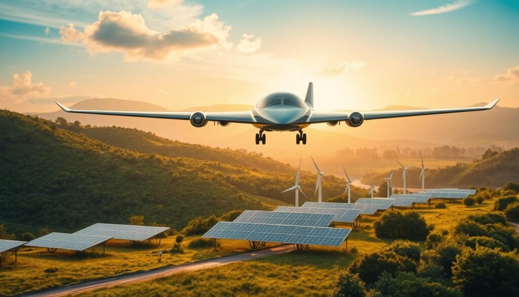 A sleek, futuristic aircraft gracefully taking off against a backdrop of lush green landscapes, harnessing the power of renewable energy. In the foreground, an array of innovative propulsion systems and aerodynamic designs that challenge the conventional norms of air travel. The scene is bathed in a warm, golden hue, reflecting the dawn of a new era of sustainable aviation. Cutting-edge solar panels and wind turbines dot the horizon, symbolizing the integration of green technologies into the very fabric of this transportation revolution. The image exudes a sense of optimism and progress, inviting the viewer to envision a future where air travel is in harmony with the natural world.