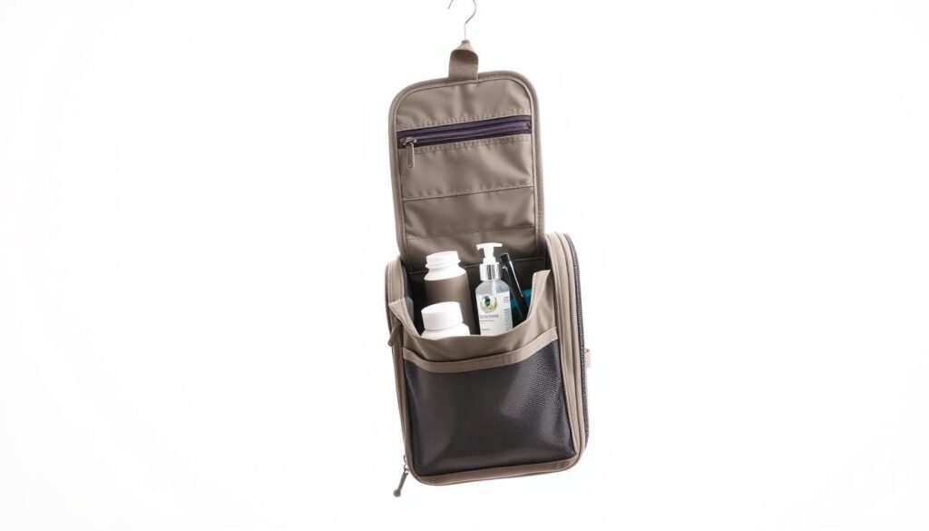 A sleek, hanging toiletry bag suspended against a bright, minimalist backdrop. The bag's exterior is crafted from durable, water-resistant material in a neutral tone, accented with subtle hardware details. The interior features multiple compartments and transparent pouches, allowing for efficient organization of toiletries and cosmetics. Soft, diffused lighting illuminates the scene, emphasizing the bag's functional yet stylish design. The composition highlights the bag's space-saving, hanging capability, showcasing its versatility for travel.