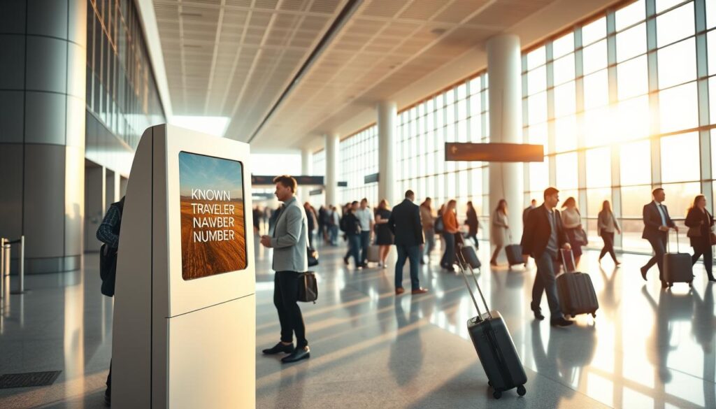 A sleek, modern airport terminal, bathed in warm, natural light filtering through large glass windows. In the foreground, a kiosk prominently displays the "Known Traveler Number" logo, its clean, minimalist design reflecting the efficiency of the program. Travelers, dressed in business attire and casual wear, approach the kiosk, their faces a mix of curiosity and anticipation. The middle ground features a line of travelers patiently waiting to be processed, their documents in hand. In the background, the bustling activity of the airport is visible, with people hurrying to their gates, their luggage rolling behind them. The overall atmosphere conveys a sense of streamlined travel, where the "Known Traveler Number" program offers a seamless and secure journey.