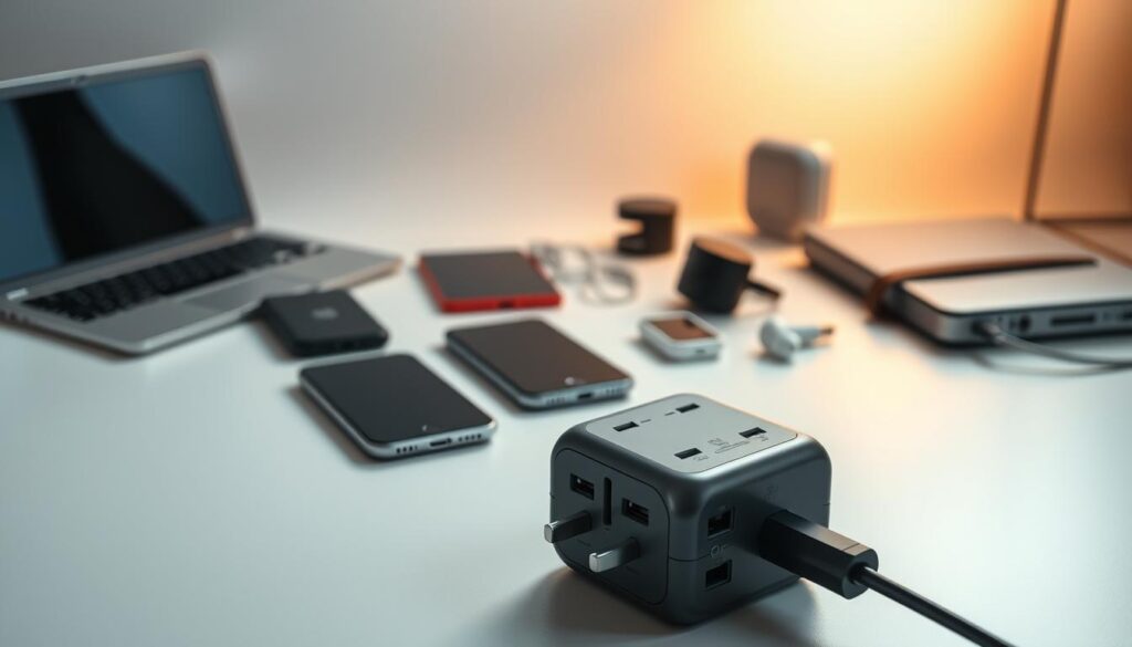 A sleek, modern international travel adapter in the foreground, its various charging ports and plugs visible. The adapter is placed on a flat, minimalist surface, with a warm, diffused lighting creating subtle shadows and highlights. In the middle ground, an array of travel essentials like smartphones, earbuds, and a laptop are neatly arranged, suggesting the adapter's versatility in powering a range of devices. The background is a clean, uncluttered environment, emphasizing the adapter's simplicity and functionality as an essential travel companion. A sleek, modern international travel adapter in the foreground, its various charging ports and plugs visible. The adapter is placed on a flat, minimalist surface, with a warm, diffused lighting creating subtle shadows and highlights. In the middle ground, an array of travel essentials like smartphones, earbuds, and a laptop are neatly arranged, suggesting the adapter's versatility in powering a range of devices. The background is a clean, uncluttered environment, emphasizing the adapter's simplicity and functionality as an essential travel companion.