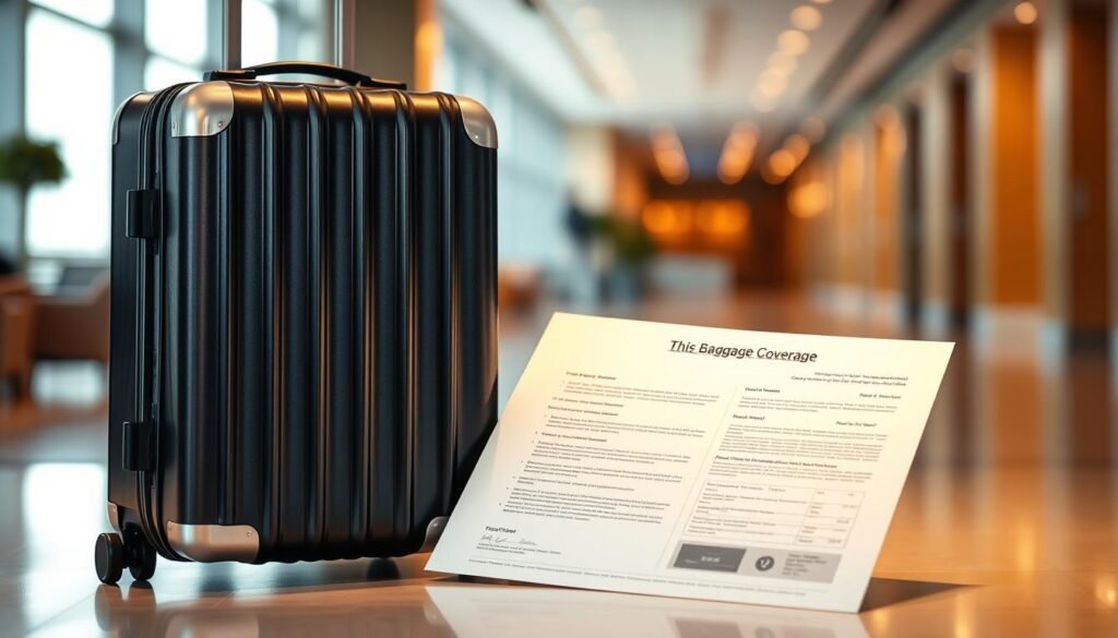 A sleek, modern suitcase set against a minimalist backdrop, its metallic frame gleaming under warm, directional lighting. Beside it, a crisp, official-looking document, suggesting travel insurance coverage. In the background, a blurred hotel lobby or airport lounge, conveying a sense of security and protection during the journey. The overall composition emphasizes the seamless integration of luggage and its associated safeguards, creating a visually compelling representation of "baggage protection coverage". A sleek, modern suitcase set against a minimalist backdrop, its metallic frame gleaming under warm, directional lighting. Beside it, a crisp, official-looking document, suggesting travel insurance coverage. In the background, a blurred hotel lobby or airport lounge, conveying a sense of security and protection during the journey. The overall composition emphasizes the seamless integration of luggage and its associated safeguards, creating a visually compelling representation of "baggage protection coverage".