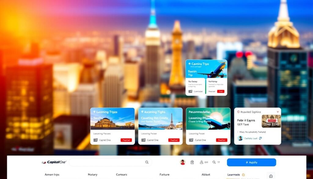 A sleek, modern user interface of the Capital One Travel portal, showcasing a clean dashboard with intuitive navigation and a vibrant color scheme. The foreground displays a responsive search bar, allowing users to easily find and book their travel accommodations. In the middle ground, various card-style modules present information on upcoming trips, recent bookings, and personalized recommendations. The background features a blurred, visually striking cityscape, hinting at the wide range of destinations accessible through the portal. Warm, directional lighting enhances the overall polished and user-friendly aesthetic, inviting the viewer to seamlessly plan and manage their travel experiences.