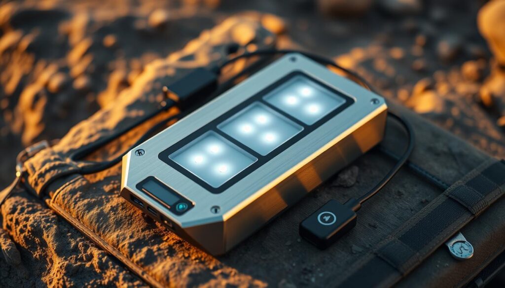 A sleek, portable LED battery system rests on a rugged, travel-ready surface. The device's compact, angular design features a brushed metal casing that glimmers under warm, focused lighting. Strategically placed LED panels emit a soft, diffused glow, casting a cozy ambiance. The setup is complemented by accessories like a charging cable and a small, intuitive control panel, all neatly organized for seamless, on-the-go use. The overall impression is one of a well-engineered, reliable travel companion that can brighten any adventure with ease and efficiency.