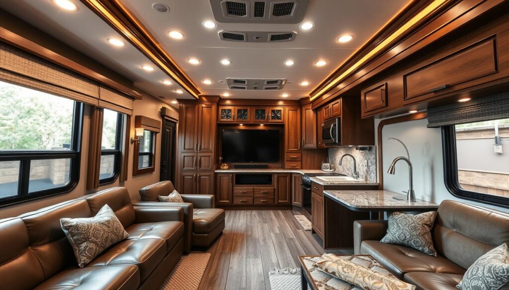 A sophisticated, well-appointed fifth wheel interior with a focus on customization and luxurious design. Warm lighting from recessed ceiling fixtures and a large window frames a cozy living area with plush leather seating and a wooden entertainment center. The sleek, modern kitchen features high-end appliances, granite countertops, and custom cabinetry. Midcentury-inspired furnishings and textiles create a harmonious, high-end ambiance. Intricate woodwork and metallic accents add depth and visual interest throughout the space. Captured from a slightly elevated angle to showcase the depth and scale of the meticulously designed interior.