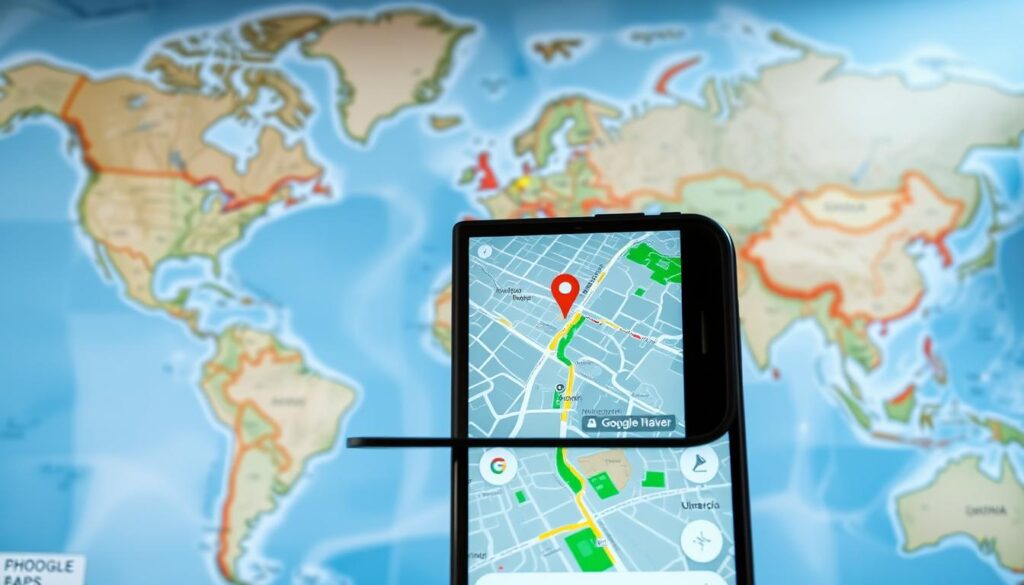 A sprawling world map backdrop, illuminated by soft, natural lighting. In the foreground, a sleek, modern smartphone displays the iconic Google Maps interface, zoomed in on a detailed street layout. The map seamlessly integrates with travel planning tools, showcasing intuitive route planning, location pinpointing, and trip itinerary management. The overall scene conveys a sense of effortless digital organization, empowering the user to navigate their journey with confidence and efficiency.