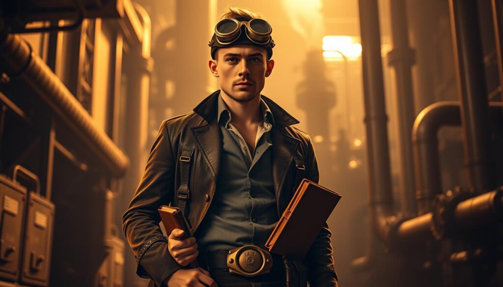 A steampunk-inspired costume worn by a stylish time traveler, standing in a dimly lit, industrial-themed setting. The figure is adorned in a fitted jacket with brass accents, a high-collared shirt, and a leather utility belt. Goggles perch atop their head, and gears and cogs decorate their ensemble. The character holds a leather-bound journal in one hand, hinting at their scholarly pursuits. Warm lighting casts a sepia-toned glow, evoking a sense of vintage and antiquity. In the background, the silhouettes of towering machinery and pipes suggest a retro-futuristic, steam-powered world. The overall scene conveys a sense of adventure, exploration, and a touch of eccentricity.