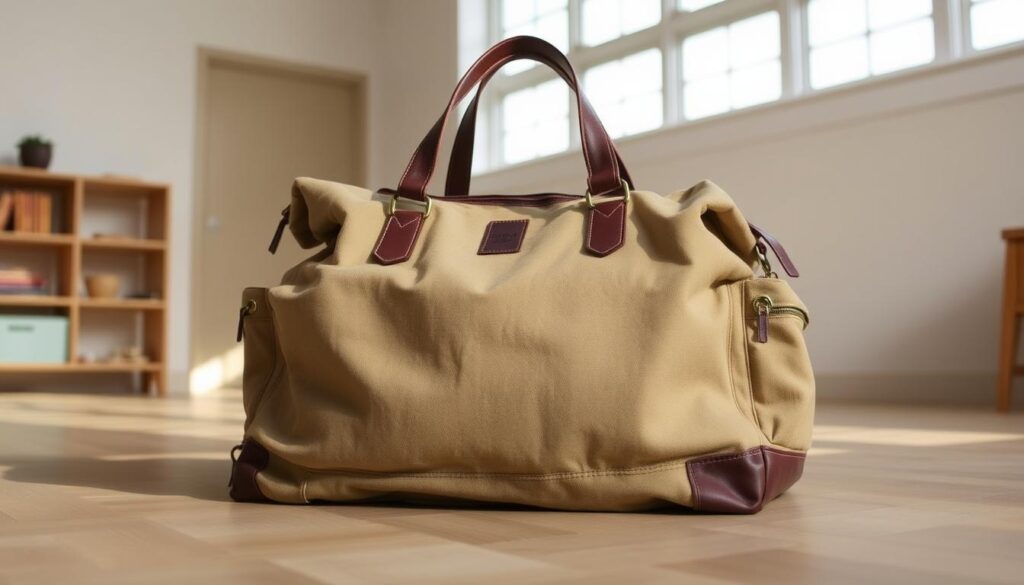 A sturdy, well-designed duffel bag sits in a well-lit, airy room. The bag's exterior is crafted from high-quality, durable canvas in a neutral tone, with leather accents adding a touch of sophistication. The bag's form is classic and timeless, with a generous main compartment and multiple pockets for organized storage. Soft, adjustable straps allow for comfortable carrying, while a reinforced bottom provides stability and support. The scene is captured from a slightly elevated angle, showcasing the bag's functional features and inviting the viewer to imagine its versatility for everyday use. A sturdy, well-designed duffel bag sits in a well-lit, airy room. The bag's exterior is crafted from high-quality, durable canvas in a neutral tone, with leather accents adding a touch of sophistication. The bag's form is classic and timeless, with a generous main compartment and multiple pockets for organized storage. Soft, adjustable straps allow for comfortable carrying, while a reinforced bottom provides stability and support. The scene is captured from a slightly elevated angle, showcasing the bag's functional features and inviting the viewer to imagine its versatility for everyday use.