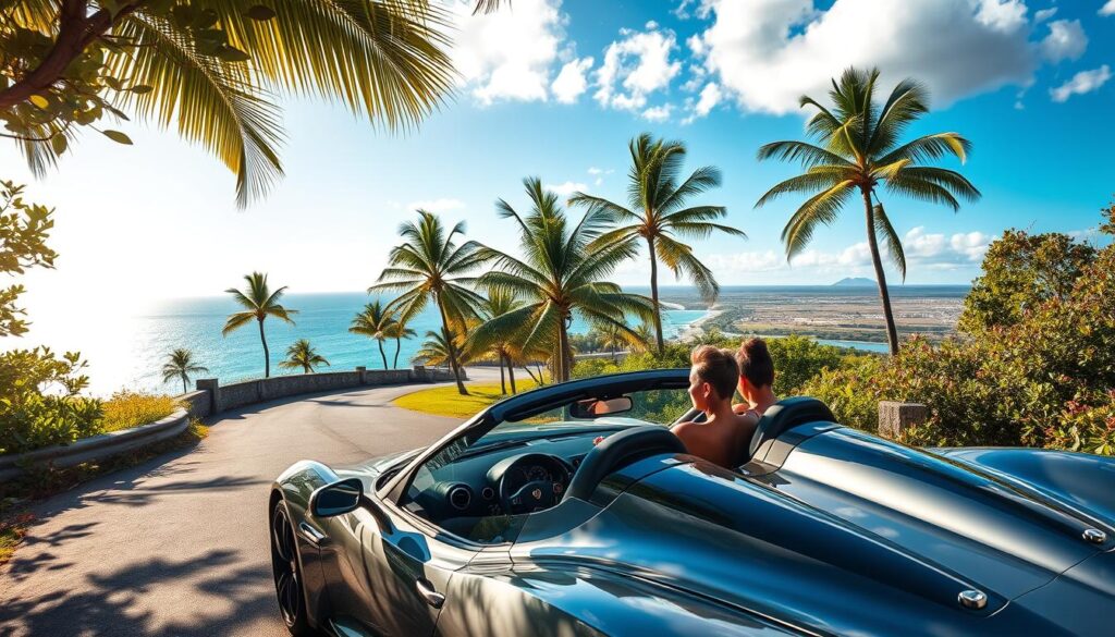 A sun-dappled tropical landscape, a winding road leading through lush, verdant foliage. In the foreground, a sleek, powerful Florida Panthers sports car, its metallic paint gleaming in the warm light. Passengers gaze out at the scenic vistas, faces alight with excitement and anticipation. In the middle ground, palm trees sway gently in a gentle breeze, their fronds casting dancing shadows on the asphalt. The background is a panoramic view of the Florida coastline, the turquoise waters of the Gulf of Mexico shimmering under a cloudless azure sky. The scene is infused with a sense of adventure, freedom, and the promise of a quintessential Florida experience.