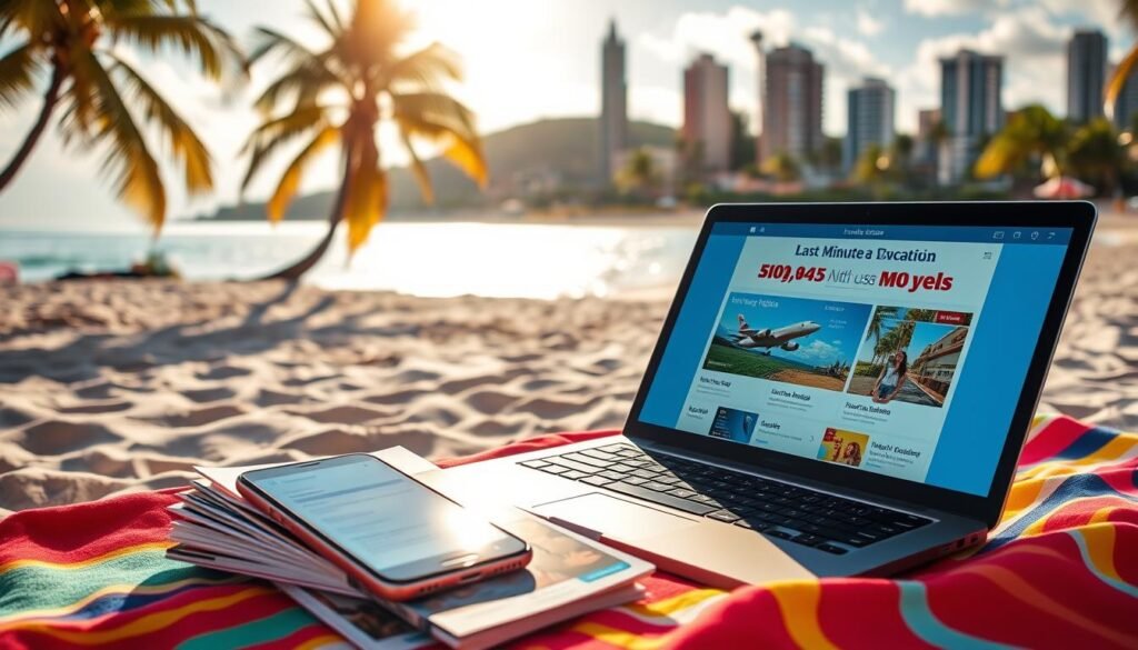 A sun-drenched beach with palm trees swaying in the gentle breeze, a vibrant city skyline in the distance, and a laptop propped open on a colorful beach towel. In the foreground, a stack of travel brochures and a smartphone displaying spontaneous last-minute flight and hotel deals. Soft, warm lighting bathes the scene, creating a mood of effortless relaxation and serendipitous adventure. The overall atmosphere conveys the excitement and freedom of an impromptu getaway, capturing the essence of "Insider Tips for a Uniquely Spontaneous Vacation."