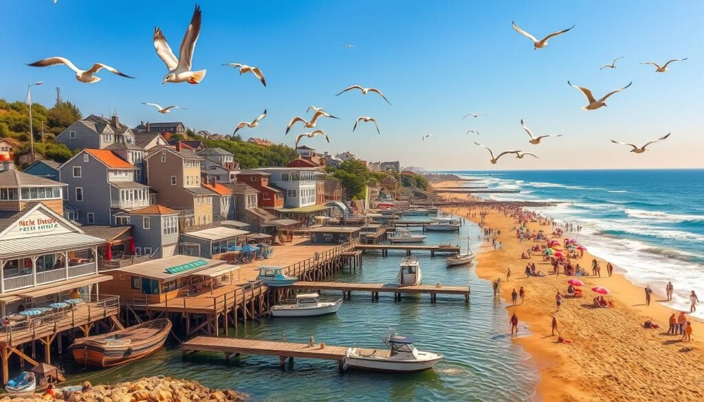 A sun-drenched coastal town nestled along a sparkling blue ocean, with quaint seafood restaurants lining the bustling harbor. Weathered wooden docks extend into the calm waters, where fishing boats bob gently. The air is filled with the tantalizing aroma of freshly caught seafood sizzling on outdoor grills. Seagulls soar overhead, their cries mingling with the laughter of beachgoers strolling along the golden sand. Colorful umbrellas and sun-kissed families dot the shoreline, creating a vibrant and inviting scene. The warm, hazy light casts a soft, golden glow over the entire picturesque setting, evoking a sense of relaxation and coastal tranquility.