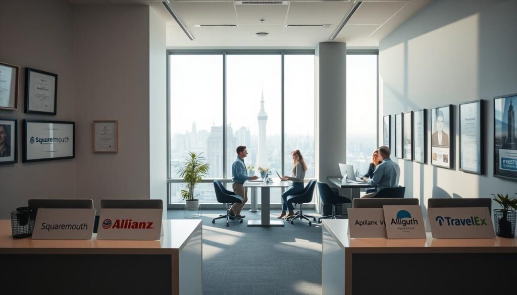 A tranquil office setting, bathed in soft, natural lighting streaming through large windows. In the foreground, an array of trusted insurance providers' logos - Squaremouth, Allianz, Travelex, and others - displayed on sleek, modern desks. Framed certificates and awards adorn the walls, conveying a sense of reliability and expertise. The middle ground features a team of customer service representatives, warmly engaging with clients, offering guidance and reassurance. In the background, a cityscape can be seen through the windows, suggesting a thriving, urban environment. The overall mood is one of professionalism, transparency, and a commitment to safeguarding the well-being of travelers.