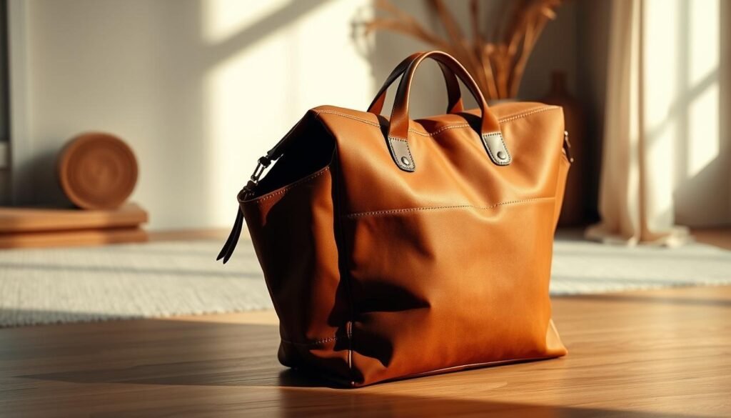 A unique, elegant travel bag design with a harmonious blend of modern and vintage elements. In the foreground, a sleek, foldable bag in a rich, earthy tone with subtle leather accents and minimalist hardware. The middle ground showcases the bag's flexible, space-saving design as it effortlessly transforms from a compact shape to a larger, versatile carry-on. In the background, a soft, warm-toned environment with hints of natural textures, such as wood and textile, creating a cozy, inviting atmosphere. Dramatic side lighting casts dramatic shadows, accentuating the bag's refined lines and tactile appeal. The overall mood is one of sophisticated simplicity, reflecting the thoughtful, stylish sensibilities of the modern traveler.