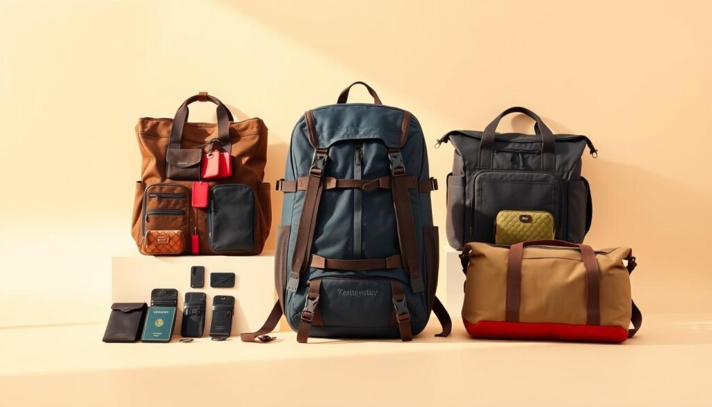 A vibrant and functional collection of high-quality travel bags and backpacks, meticulously arranged against a crisp, minimalist background. In the foreground, a sleek, weatherproof backpack with adjustable straps and durable zippers takes center stage, complemented by a stylish tote bag and a compact, versatile duffel. In the middle ground, a neatly organized array of luggage tags, passport holders, and other travel accessories creates a sense of organization and preparedness. The background features a soft, neutral palette, allowing the bags to shine and showcasing their diverse textures, fabrics, and colors. Warm, natural lighting casts a subtle glow, enhancing the premium, sophisticated aesthetic. The overall scene conveys a sense of effortless travel, where form and function seamlessly converge. A vibrant and functional collection of high-quality travel bags and backpacks, meticulously arranged against a crisp, minimalist background. In the foreground, a sleek, weatherproof backpack with adjustable straps and durable zippers takes center stage, complemented by a stylish tote bag and a compact, versatile duffel. In the middle ground, a neatly organized array of luggage tags, passport holders, and other travel accessories creates a sense of organization and preparedness. The background features a soft, neutral palette, allowing the bags to shine and showcasing their diverse textures, fabrics, and colors. Warm, natural lighting casts a subtle glow, enhancing the premium, sophisticated aesthetic. The overall scene conveys a sense of effortless travel, where form and function seamlessly converge.