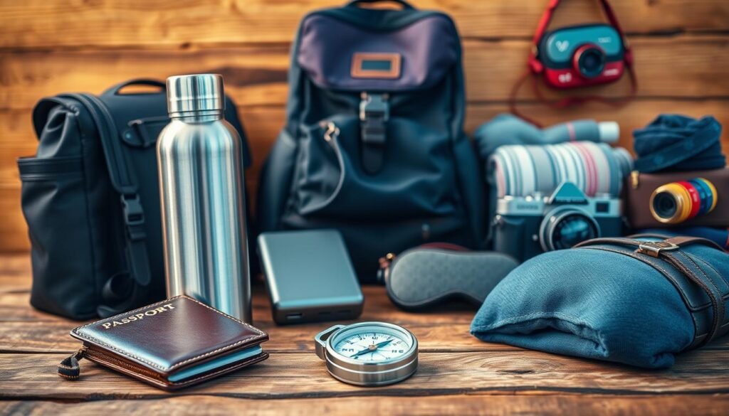 A vibrant assortment of unique travel products meticulously arranged on a rustic wooden surface, bathed in warm, natural lighting. In the foreground, an exquisite leather passport holder, a sleek stainless steel water bottle, and a charming vintage-inspired compass. In the middle ground, a stylish foldable backpack, a high-tech power bank, and a set of ergonomic packing cubes. In the background, a cozy travel blanket, a luxurious silk sleep mask, and a charming retro-style camera. The overall mood is one of exploration, adventure, and a touch of vintage charm, inviting the viewer to discover the world in style. A vibrant assortment of unique travel products meticulously arranged on a rustic wooden surface, bathed in warm, natural lighting. In the foreground, an exquisite leather passport holder, a sleek stainless steel water bottle, and a charming vintage-inspired compass. In the middle ground, a stylish foldable backpack, a high-tech power bank, and a set of ergonomic packing cubes. In the background, a cozy travel blanket, a luxurious silk sleep mask, and a charming retro-style camera. The overall mood is one of exploration, adventure, and a touch of vintage charm, inviting the viewer to discover the world in style.