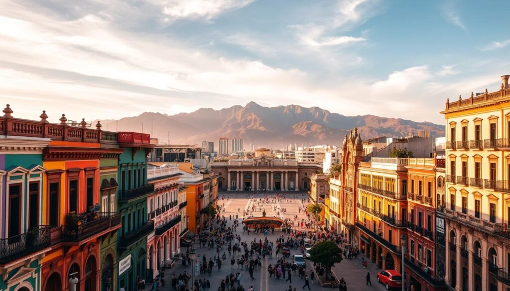 A vibrant cityscape unfolds, capturing the essence of Lima, Peru. In the foreground, a bustling street scene showcases vibrant colonial architecture, with colorful buildings, intricate balconies, and lively pedestrians. The middle ground features a grand plaza, where locals and tourists mingle, enjoying the lively atmosphere. In the background, towering Andean peaks loom, providing a dramatic natural backdrop. The lighting is warm and golden, casting a romantic glow over the entire scene. A wide-angle lens captures the grandeur and scale of this captivating city, inviting the viewer to explore its rich history, diverse culture, and renowned culinary delights. A vibrant cityscape unfolds, capturing the essence of Lima, Peru. In the foreground, a bustling street scene showcases vibrant colonial architecture, with colorful buildings, intricate balconies, and lively pedestrians. The middle ground features a grand plaza, where locals and tourists mingle, enjoying the lively atmosphere. In the background, towering Andean peaks loom, providing a dramatic natural backdrop. The lighting is warm and golden, casting a romantic glow over the entire scene. A wide-angle lens captures the grandeur and scale of this captivating city, inviting the viewer to explore its rich history, diverse culture, and renowned culinary delights.