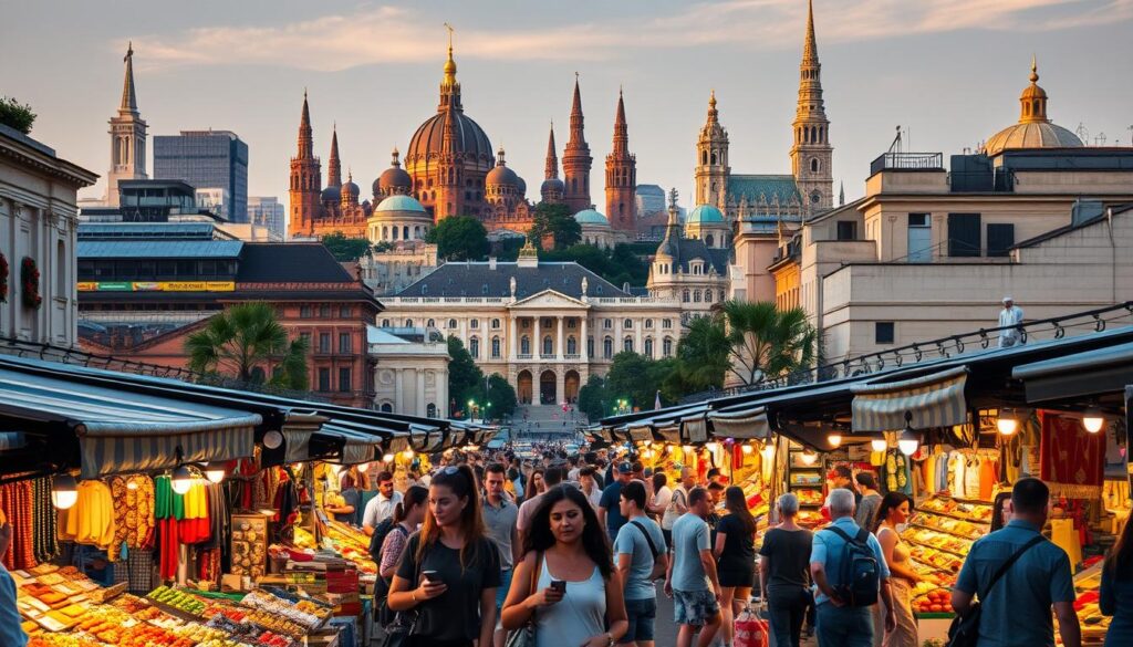 A vibrant cityscape with a bustling street market in the foreground, filled with various vendors showcasing their wares. In the middle ground, a group of savvy travelers navigate the stalls, examining price tags and negotiating deals. The background features iconic landmarks and architecture, bathed in warm, golden-hour lighting that casts a cozy, inviting ambiance. The scene captures the essence of smart budget travel, with the travelers seamlessly blending in with the local culture and taking advantage of the market's abundant, cost-effective offerings. A vibrant cityscape with a bustling street market in the foreground, filled with various vendors showcasing their wares. In the middle ground, a group of savvy travelers navigate the stalls, examining price tags and negotiating deals. The background features iconic landmarks and architecture, bathed in warm, golden-hour lighting that casts a cozy, inviting ambiance. The scene captures the essence of smart budget travel, with the travelers seamlessly blending in with the local culture and taking advantage of the market's abundant, cost-effective offerings.